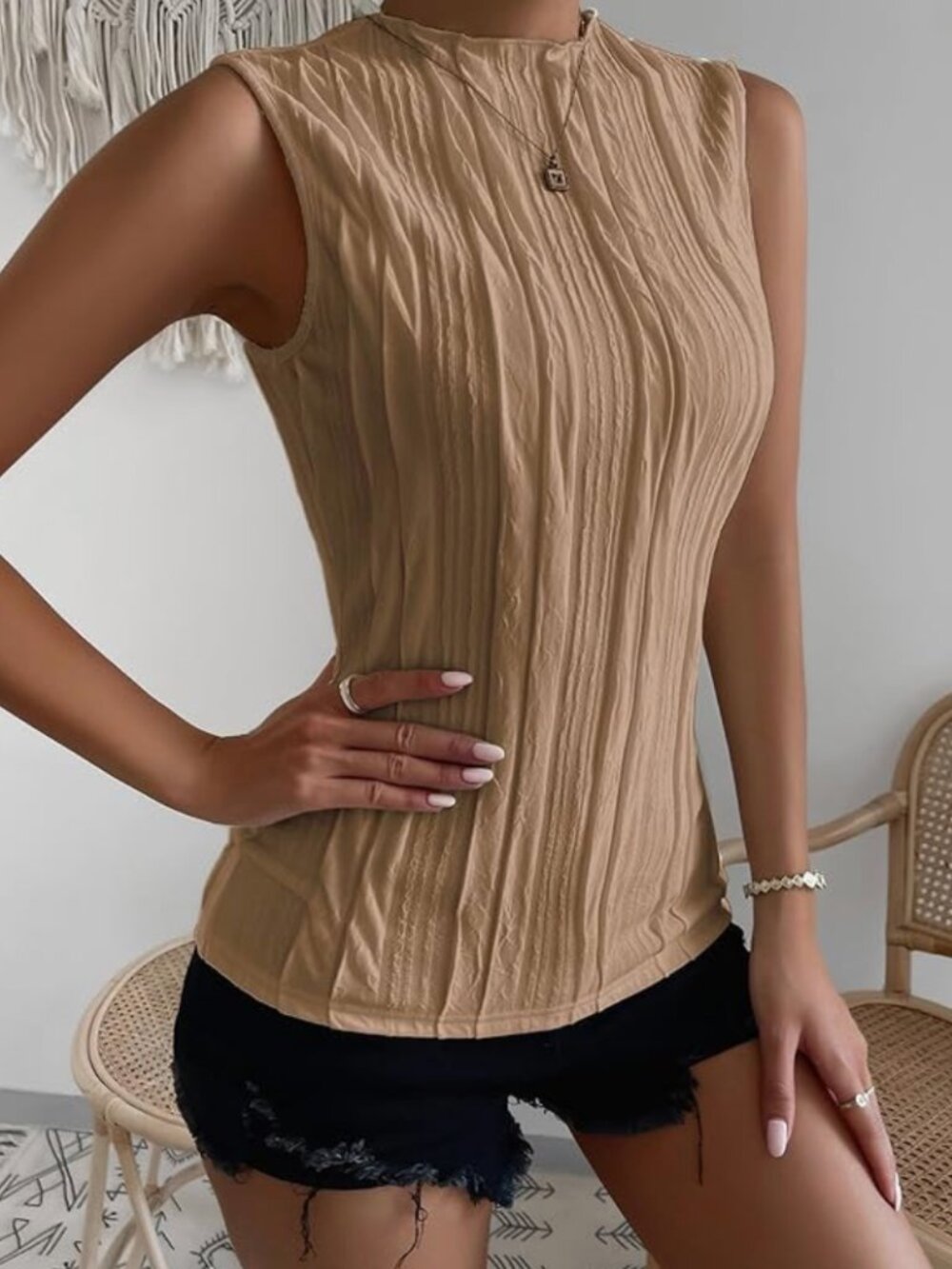 Sleeveless Textured Tan Mock Neck Tank Top